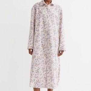 NWoT H&M Floral Midi Shirt Dress Button Long Sleeve Purple White 100% Cotton